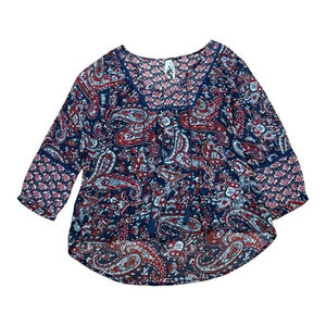 Girl Krazy Blouse Womens Small Navy Red Paisley Boho Peasant Sheer 3/4 Sleeve